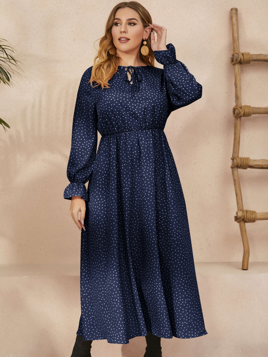 Honey Plus Size Ruffled Polka Dot Long Sleeve Midi Dress Modest Apparel USA