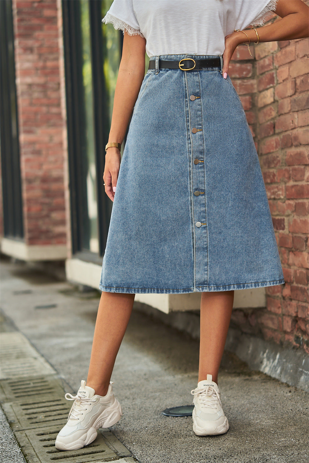 Button front skirt jean hotsell