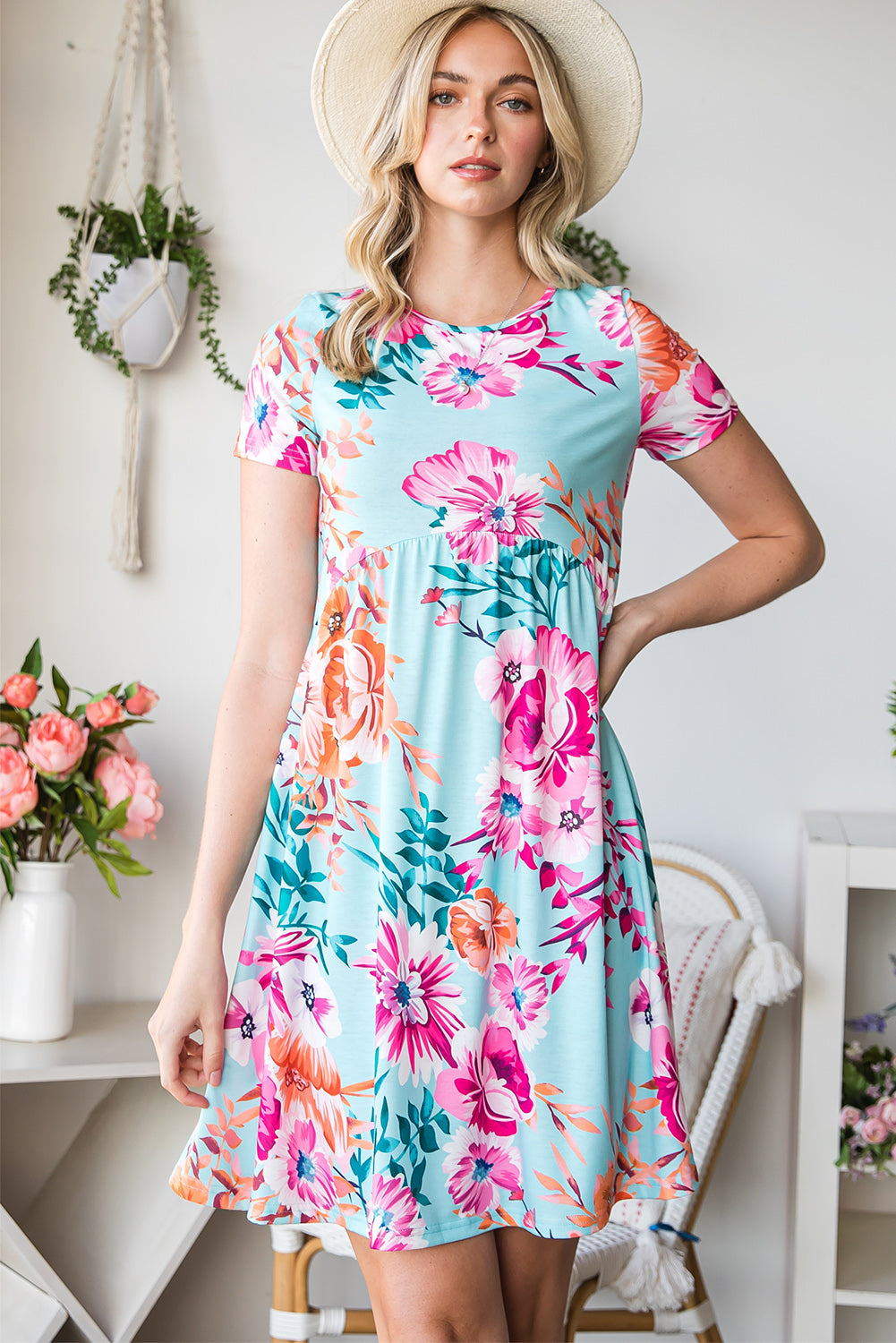 Floral Round Neck Short Sleeve Mini Dress – Modest Apparel USA