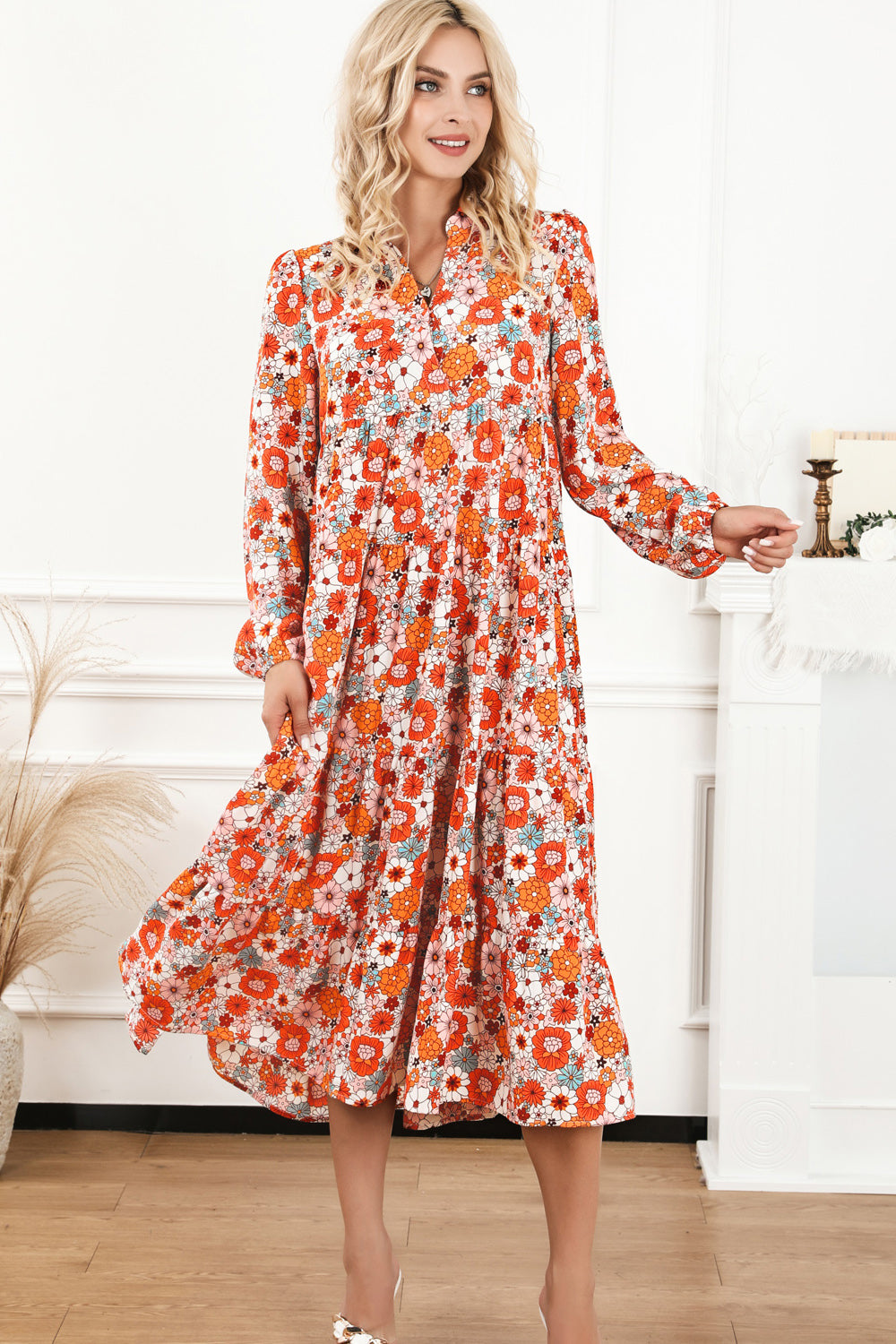 Floral Notched Neck Long Sleeve Dress – Modest Apparel USA