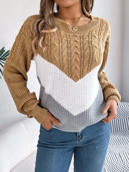 Cable-Knit Color Block Round Neck Sweater