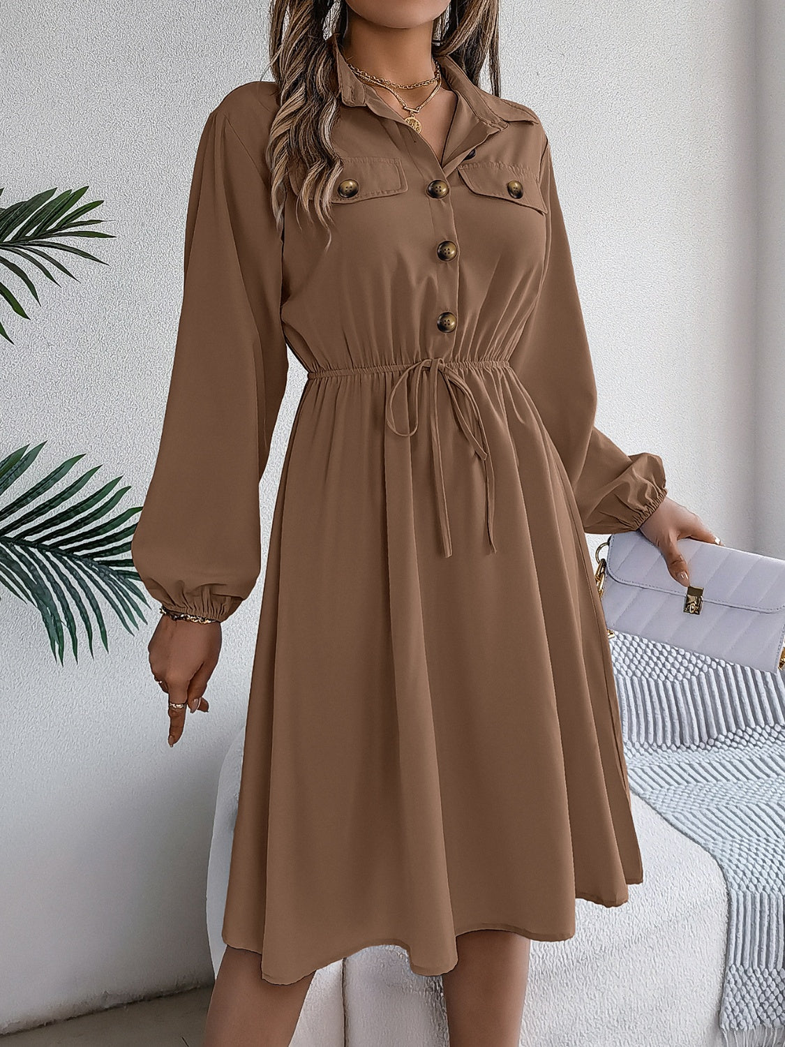 Collared Neck Long Sleeve Dress with Pockets