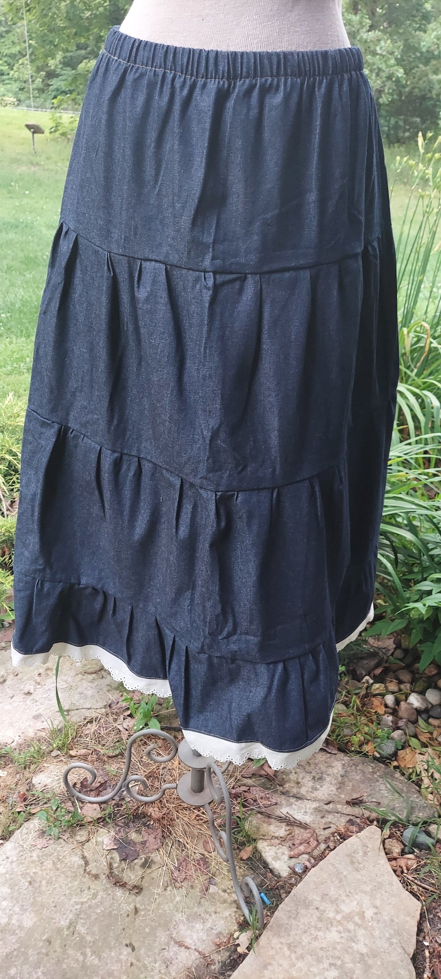 Long Denim Prairie Skirt With Eyelet Lace Trim - size Small 3 Tier | 2024 CLOSEOUT