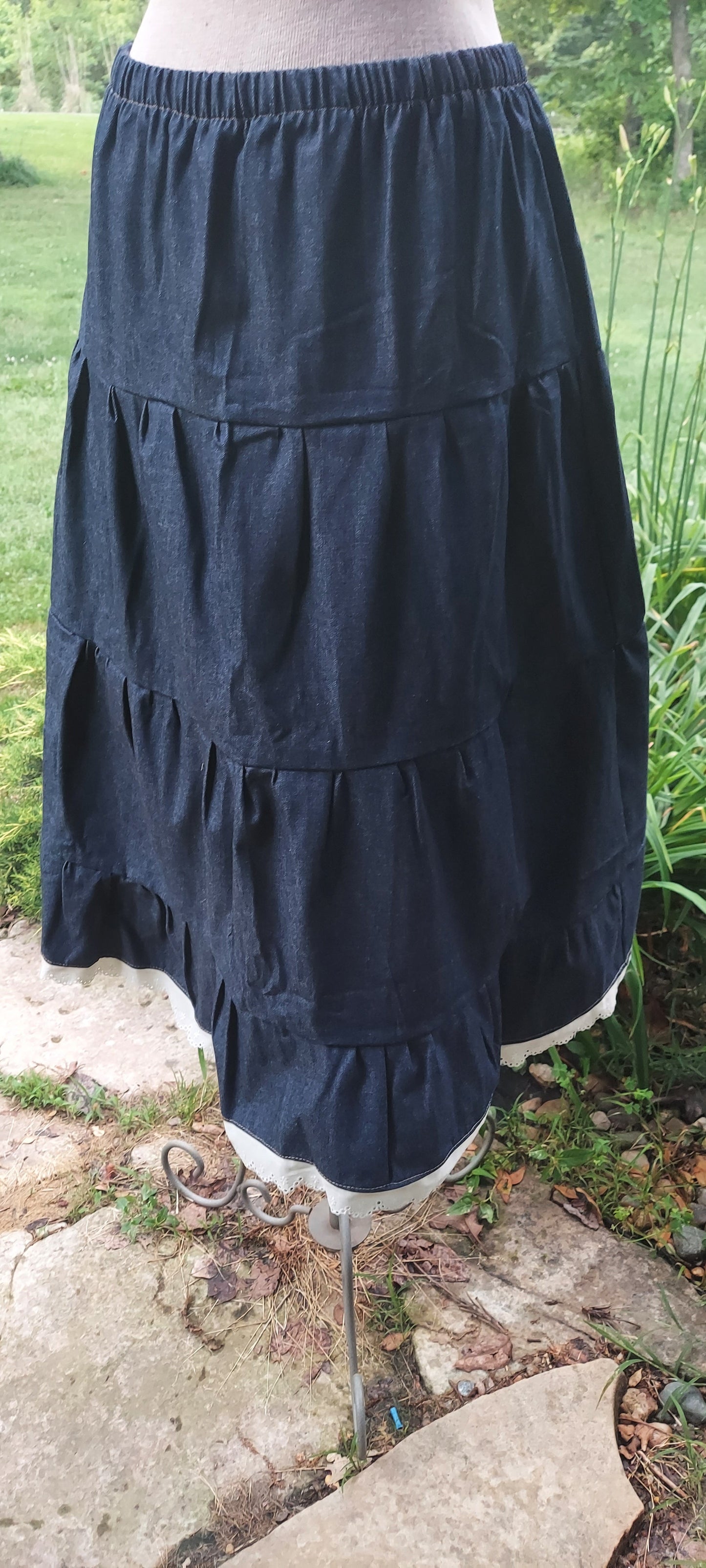 Long Denim Prairie Skirt With Eyelet Lace Trim - size Small 3 Tier | 2024 CLOSEOUT