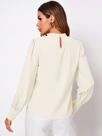 Ruched Mock Neck Long Sleeve Blouse