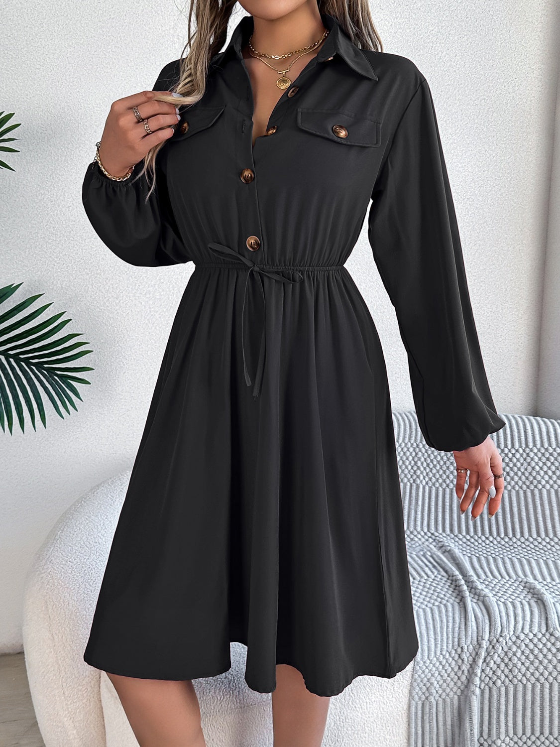 Collared Neck Long Sleeve Dress with Pockets