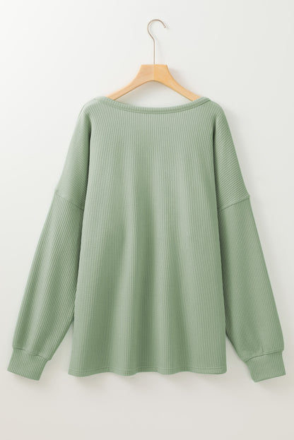 Clearly Aqua Plus Size Corded Knit Pocketed Crew Neck Top