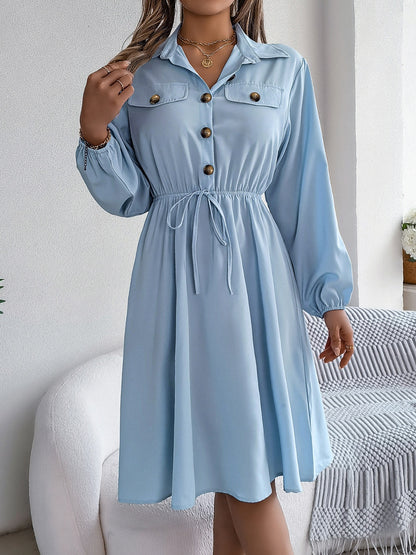 Collared Neck Long Sleeve Dress with Pockets