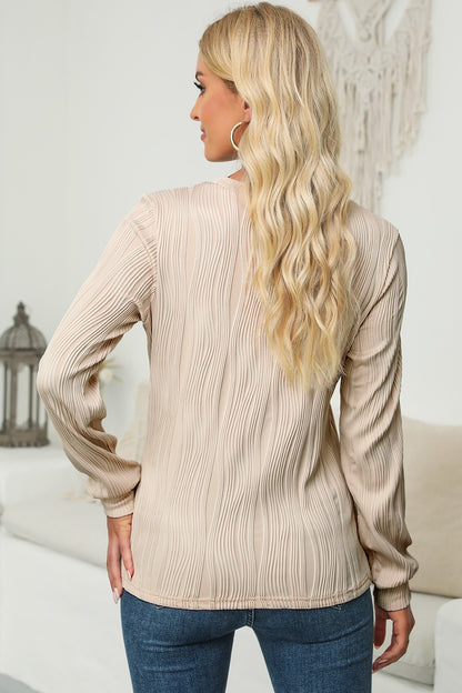 Textured Round Neck Long Sleeve Blouse