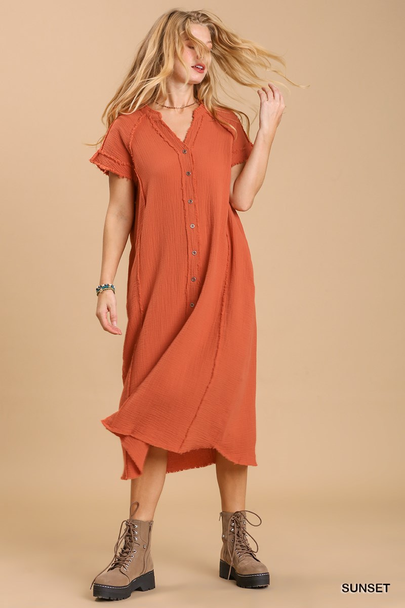 Split neck button down midi dress with no lining Modest Apparel USA