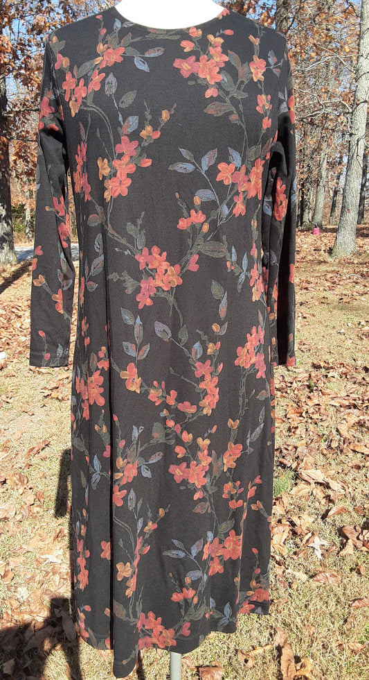 Long sleeve knit black and orange print dress size medium | 2024 CLOSEOUT