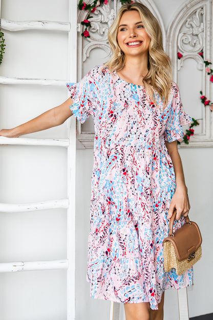 Printed Short Flounce Sleeve Tiered Dress