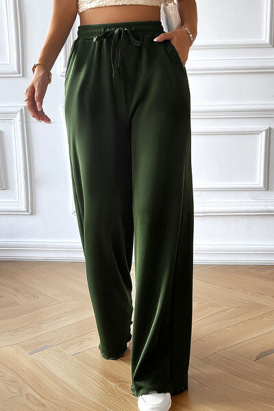 Drawstring Wide Leg Pants with Pocketed